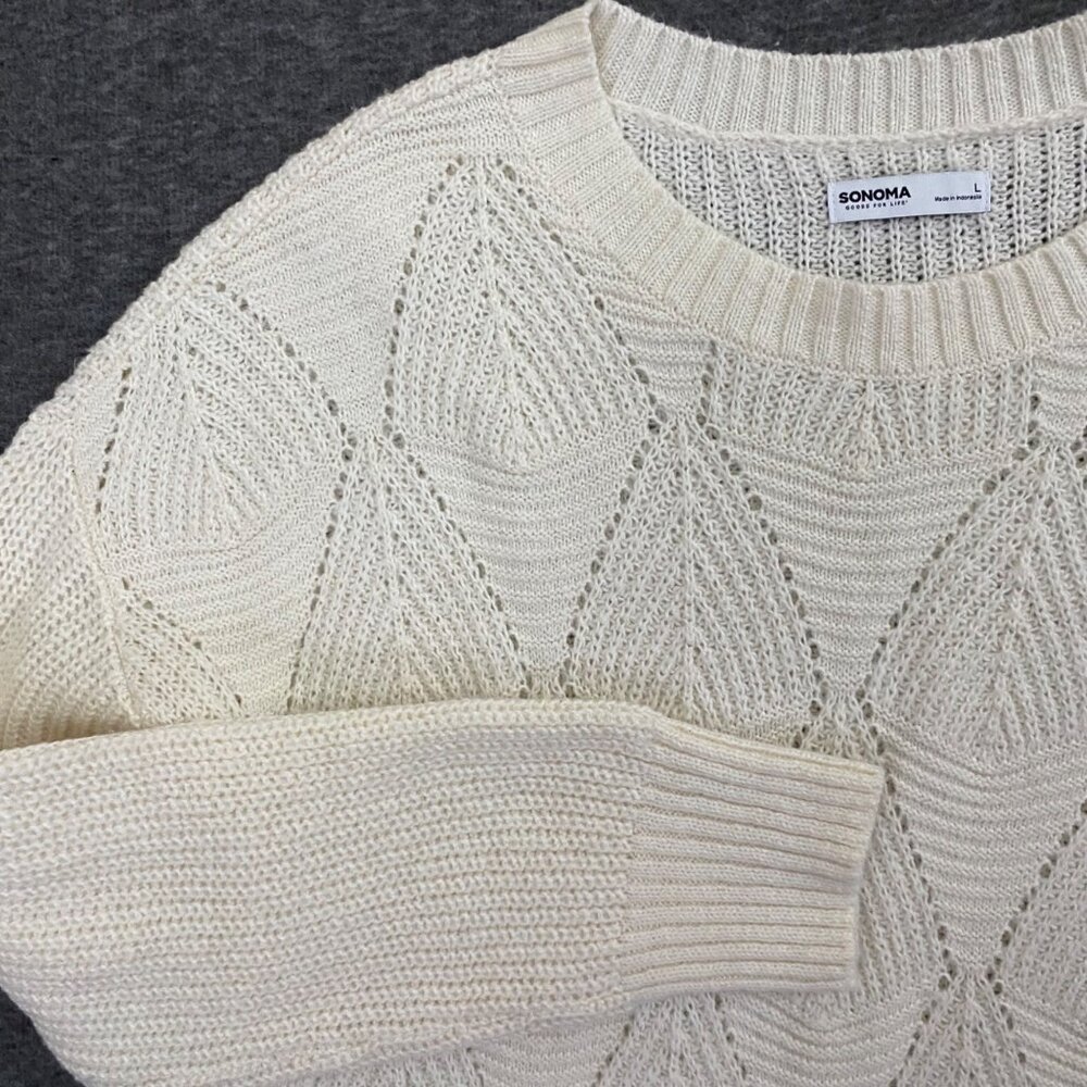 Sonoma Womens‎ Cream Knit Pullover Sweater Large Cotton Blend Diamond Pattern